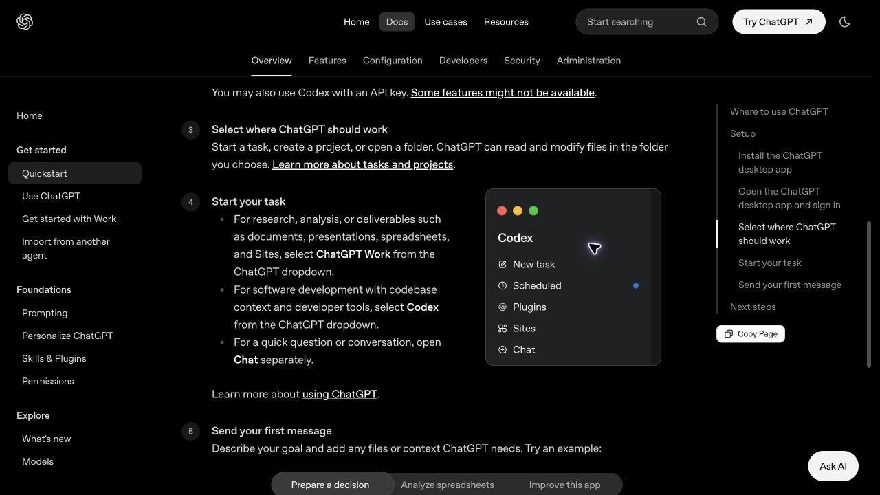 OpenAI Quickstart 中的 ChatGPT Work、Codex 和 Chat 模式分工