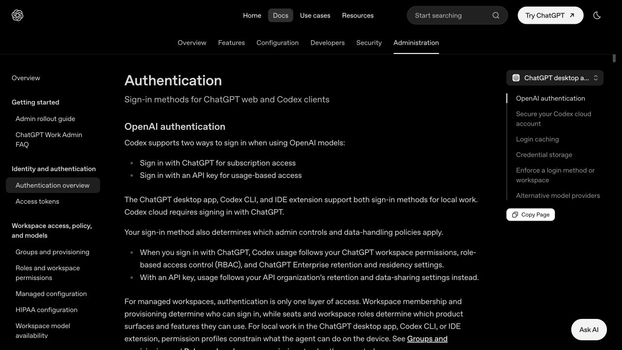 OpenAI Authentication 官方页面中的两种登录方式