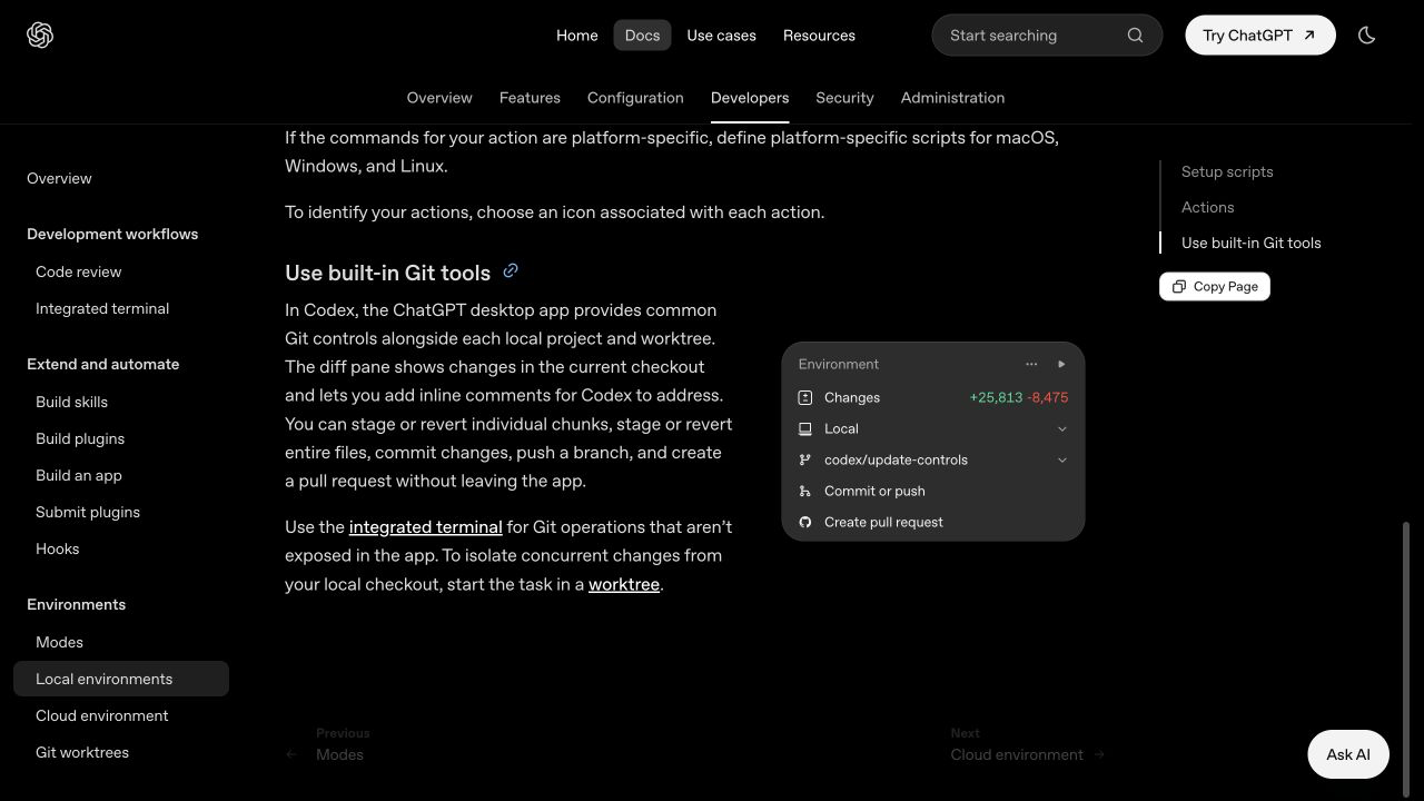 OpenAI Local environments 页面中的 App 内置 Git 工具