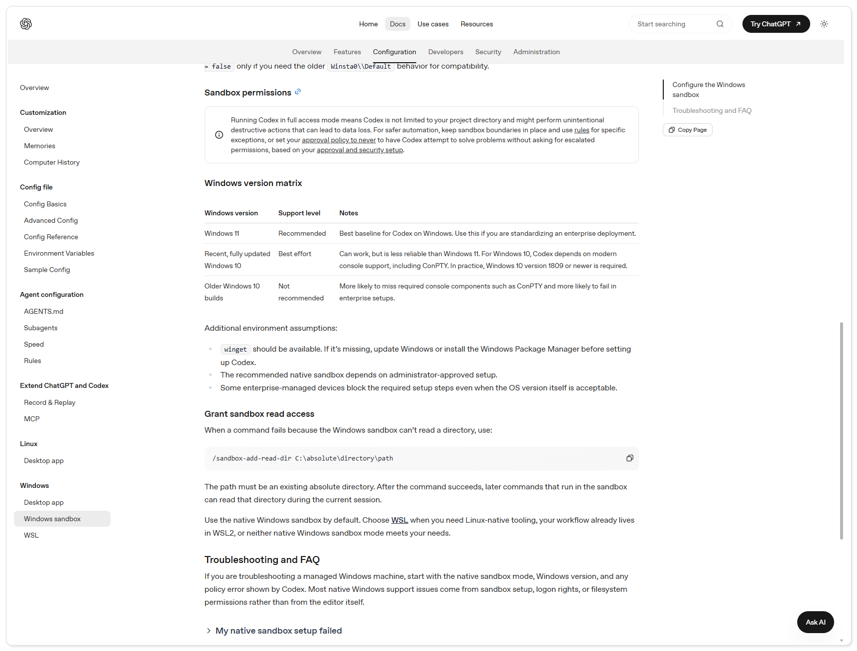 OpenAI Windows Sandbox 文档对 Full access 数据损失风险的警告