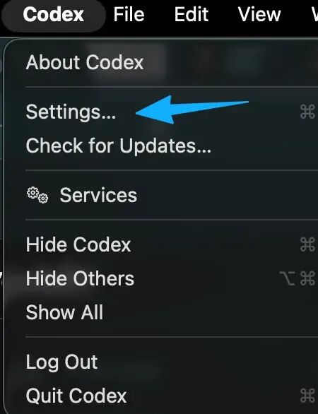 Codex 应用菜单中的设置入口
