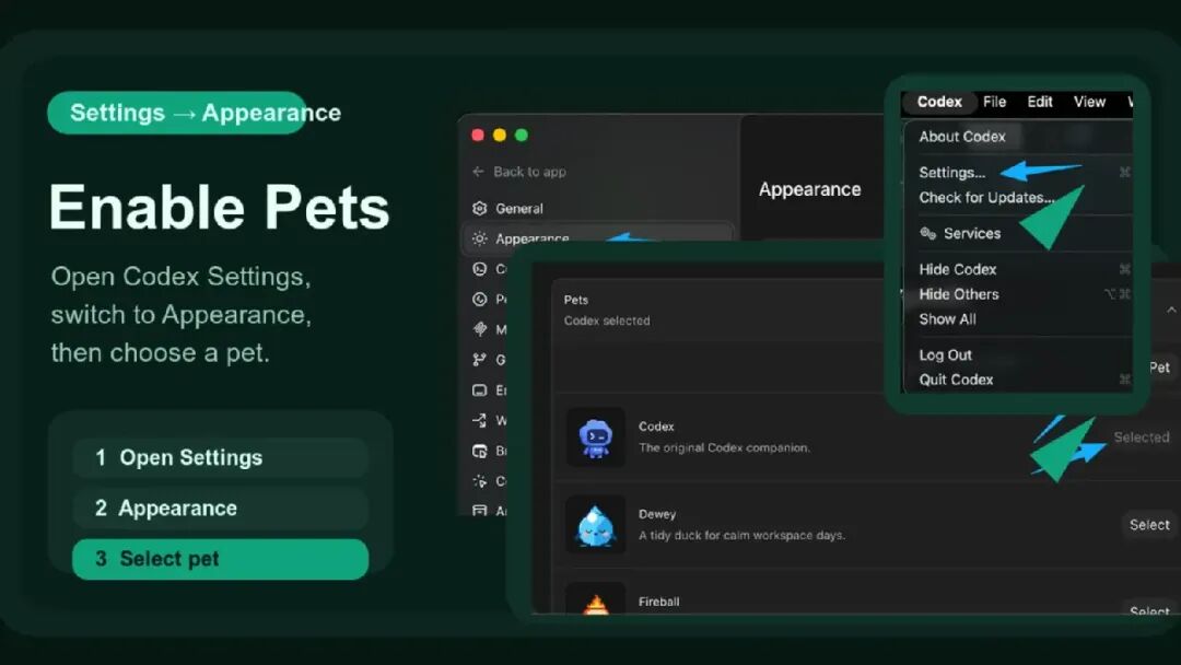 在外观设置中启用 Pets 并选择内置宠物
