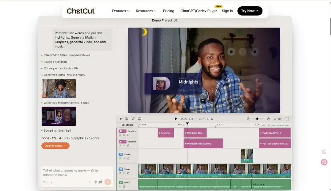ChatCut 中的视频、字幕和时间线编辑界面